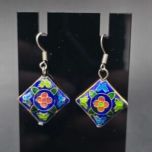 Cloisonne Enamel Flower Earrings Blue Green Pink Vintage 1980s Jewelry